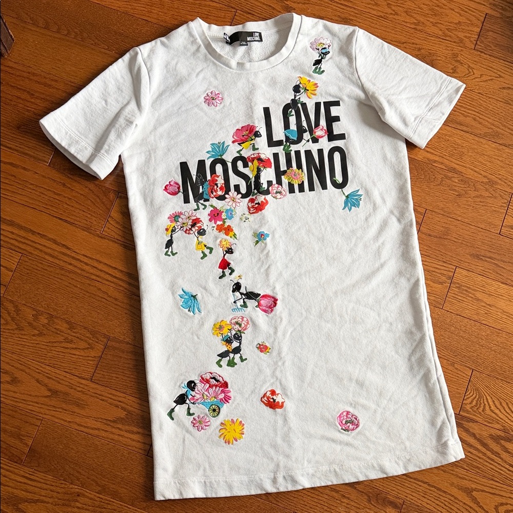Moschino White Floral Logo Tee Dress with Colorful Prints